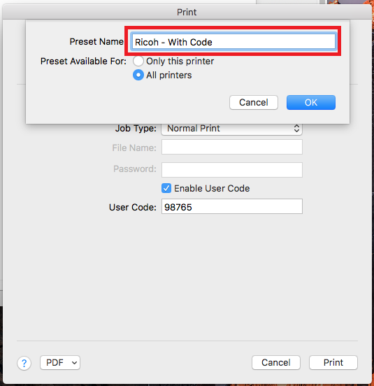 configure mac for ricoh job code